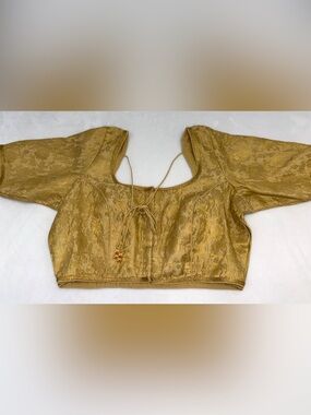 Gold Brocade Saree Blouse Size 36 Readymade Indian Choli Short Sleeve Back Ties